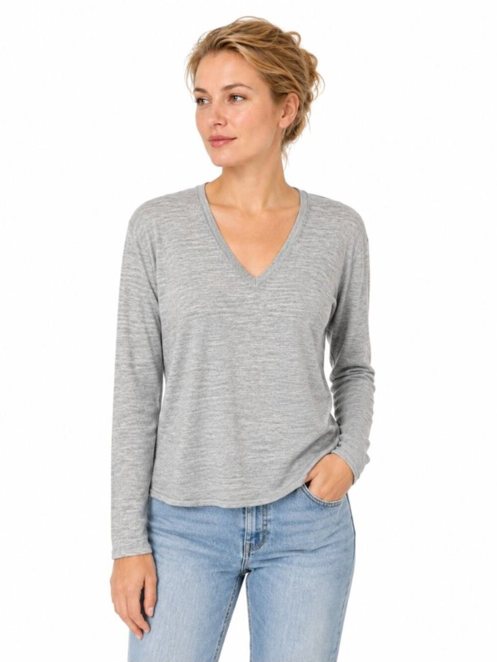 Sminfinity Women's 100% Superfine Merino Wool Sweater Light Gray V-Neck Size XS